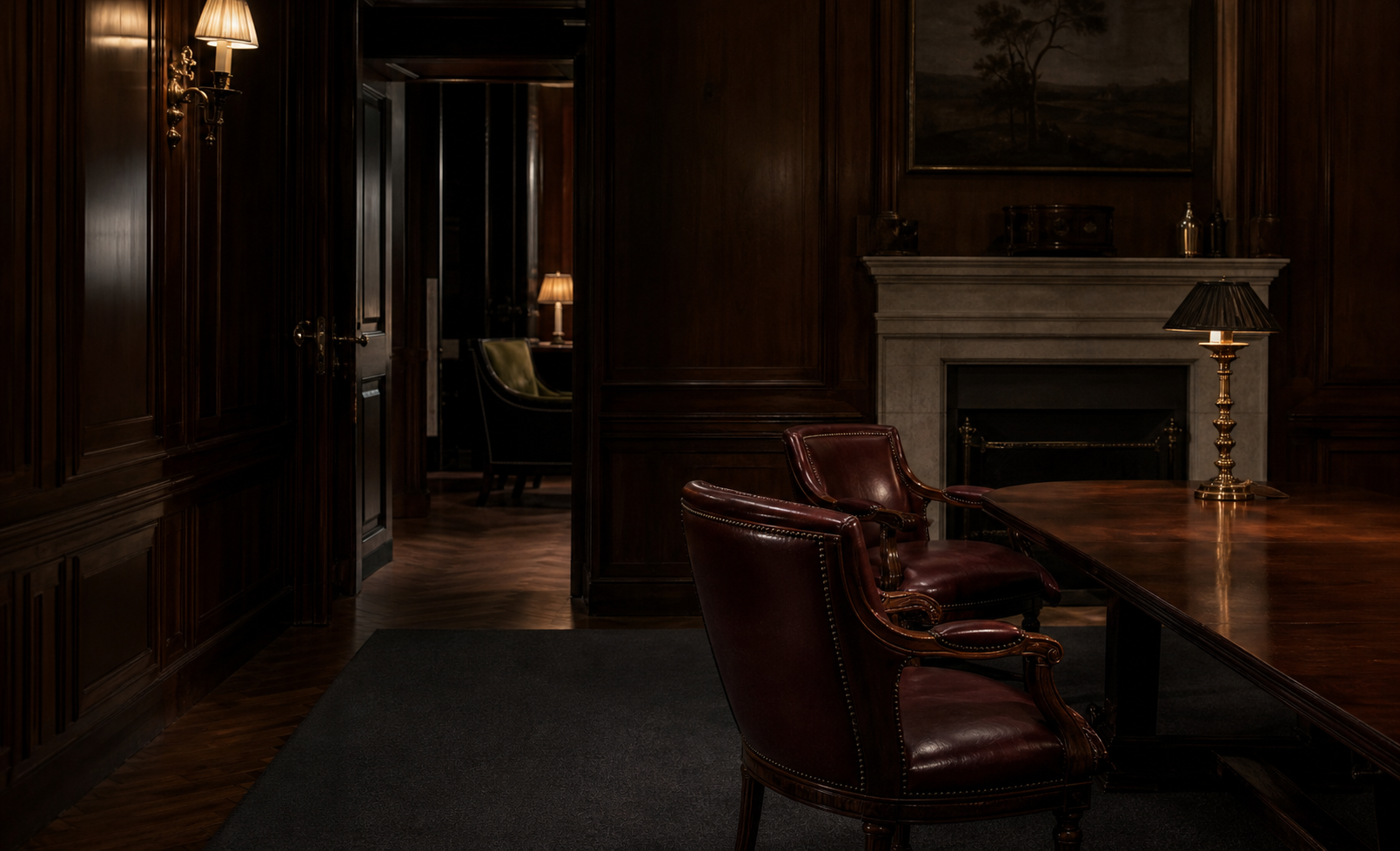 A walnut panelled members' room lit by shaded lamps, with burgundy leather chairs around a private table.